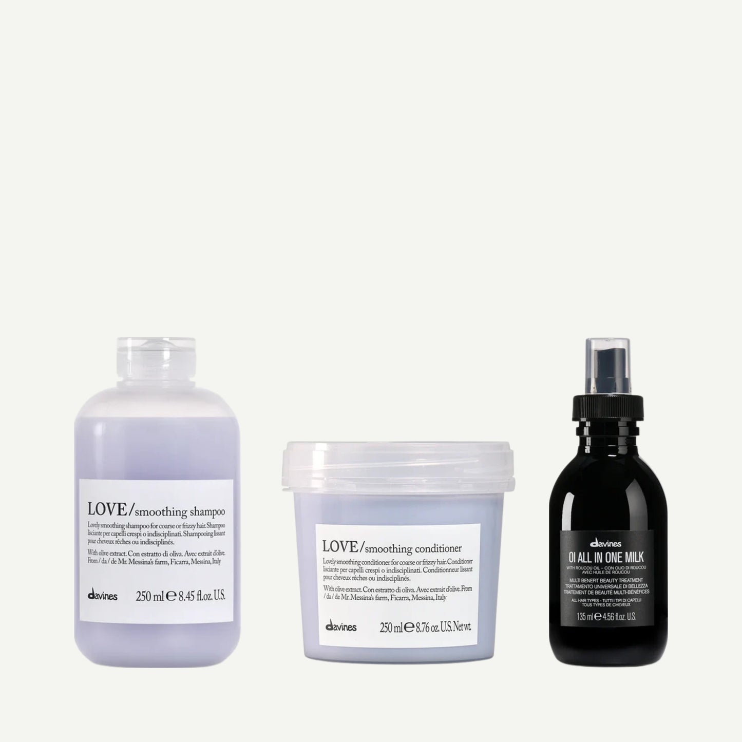 Davines Colourful Mediterranean Kit featuring LOVE Smoothing Shampoo, LOVE Smoothing Conditioner, and OI All In One Milk — a trio that smooths, softens, and adds shine to frizzy or unruly hair.