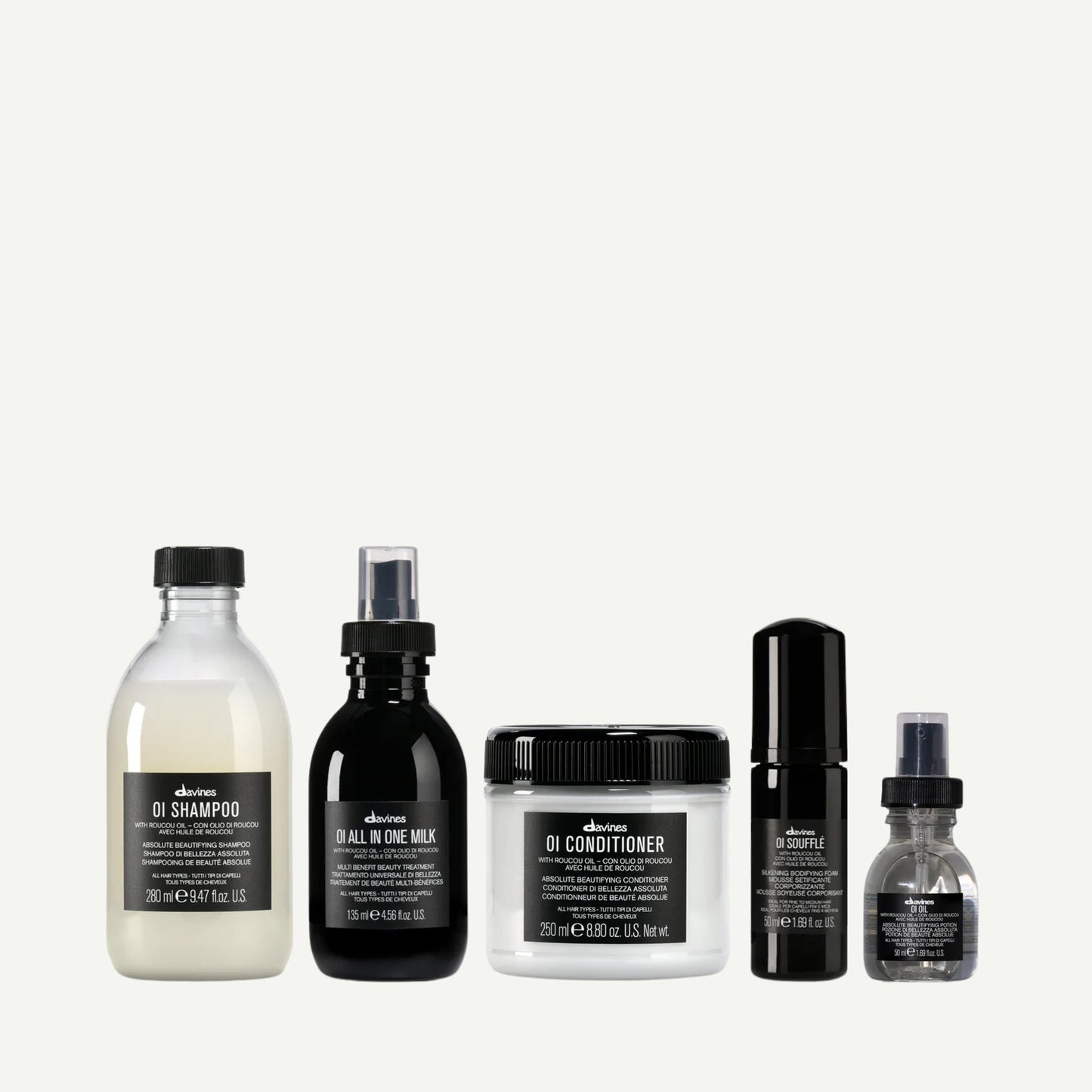 Davines Deep Marine World Kit featuring OI Shampoo, OI Conditioner, OI All In One Milk, OI Soufflé, and OI Oil — a luxurious 5-piece haircare set that nourishes, softens, and adds radiant shine for all hair types.