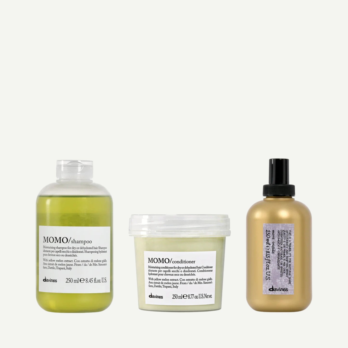 Davines Enchanting Prairie Kit featuring MOMO Shampoo, MOMO Conditioner, and This is a Primer — a hydrating trio designed to moisturize, soften, and add shine to dry or dehydrated hair.