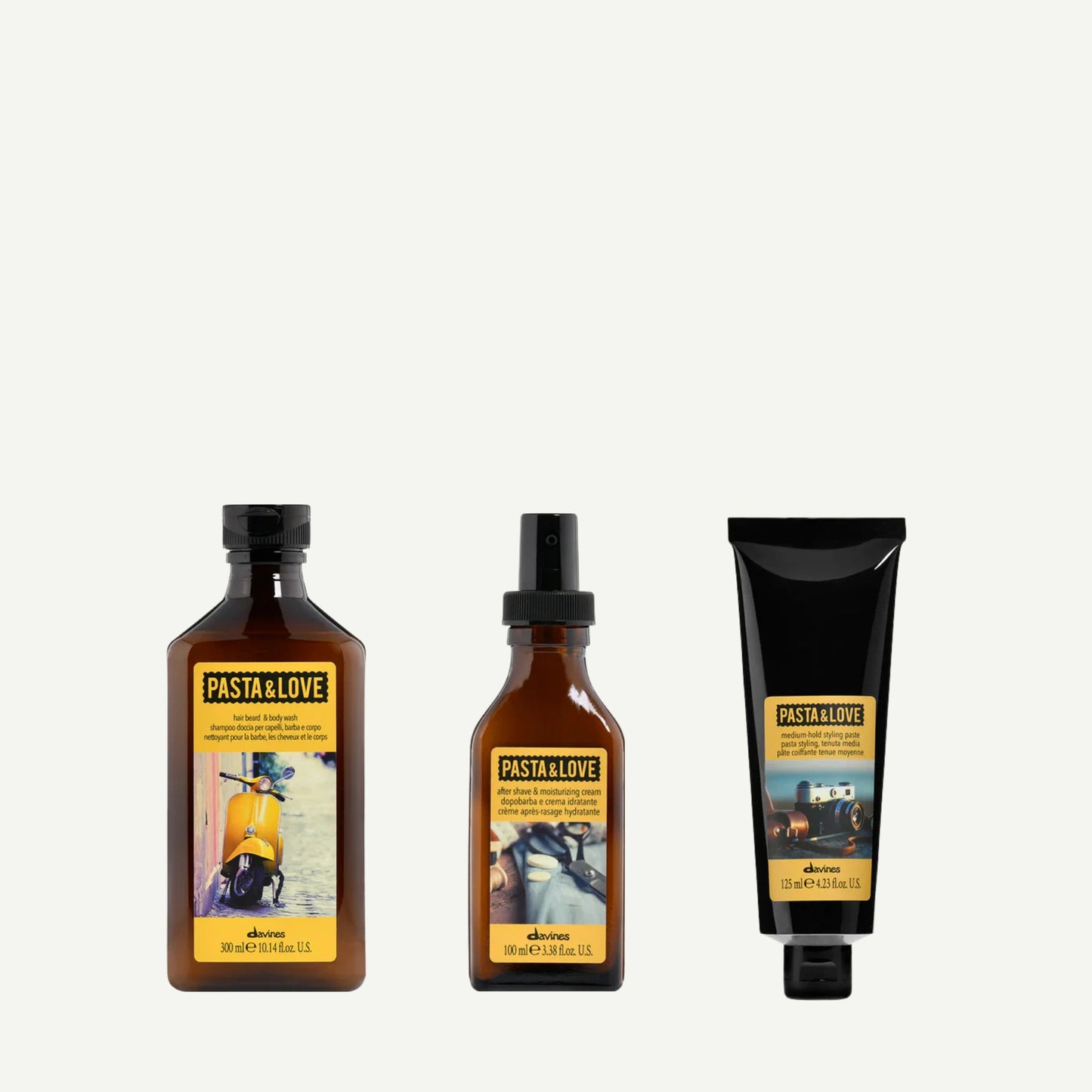 Davines Immense Steppe Kit featuring Pasta & Love Hair & Beard Body Wash, After-Shave & Moisturizing Cream, and Styling Paste — a men’s grooming trio for hydration, freshness, and effortless style.