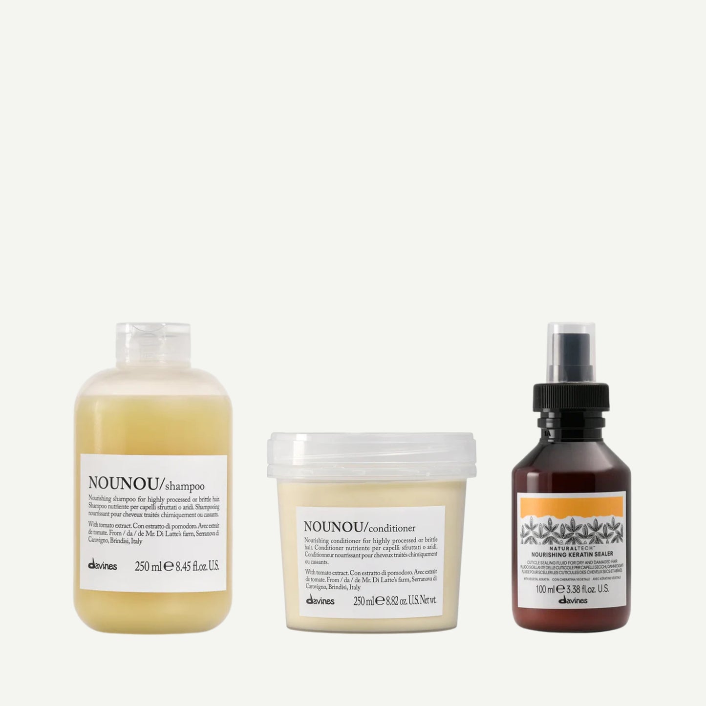 Davines Radiant Savanna Kit featuring NOUNOU Shampoo, NOUNOU Conditioner, and NATURALTECH Keratin Sealer — a nourishing trio to repair, hydrate, and strengthen damaged or chemically treated hair.