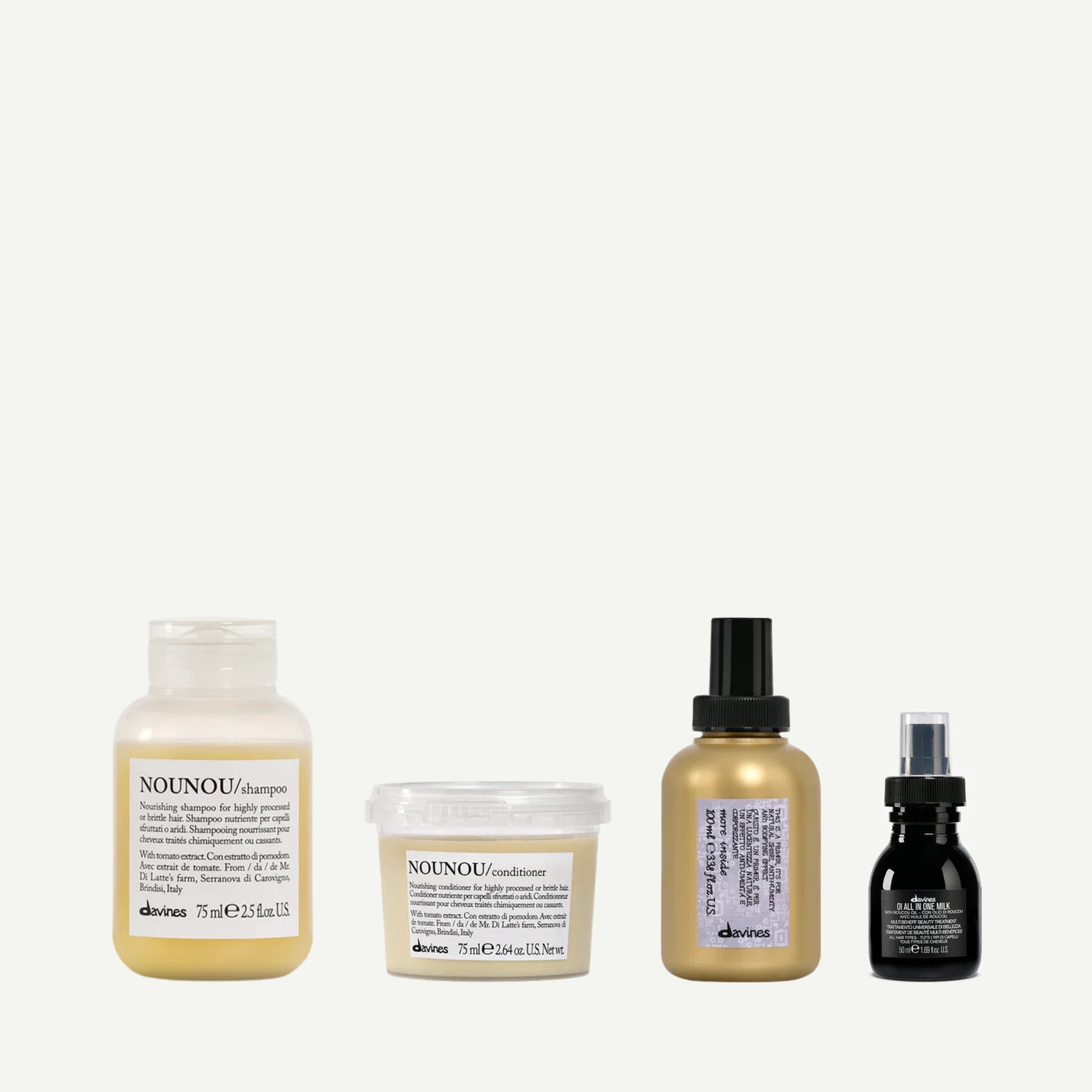 Davines The Boreal Tundra Kit featuring NOUNOU Shampoo, NOUNOU Conditioner, OI All In One Milk, and More Inside This is a Primer — a travel-sized hair care set for repairing, hydrating, and protecting dry or chemically treated hair.