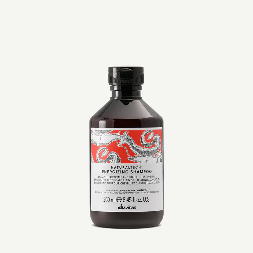 Davines Naturaltech Energizing Shampoo — stimulating shampoo for fragile or thinning hair, enriched with caffeine phytoceuticals and the Hair Energy Complex to strengthen roots, reduce hair loss, and energize the scalp.