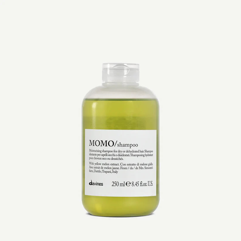 Davines MOMO Shampoo 250ml — moisturizing shampoo for dry or dehydrated hair, enriched with yellow melon extract to gently cleanse and restore softness, shine, and hydration.
