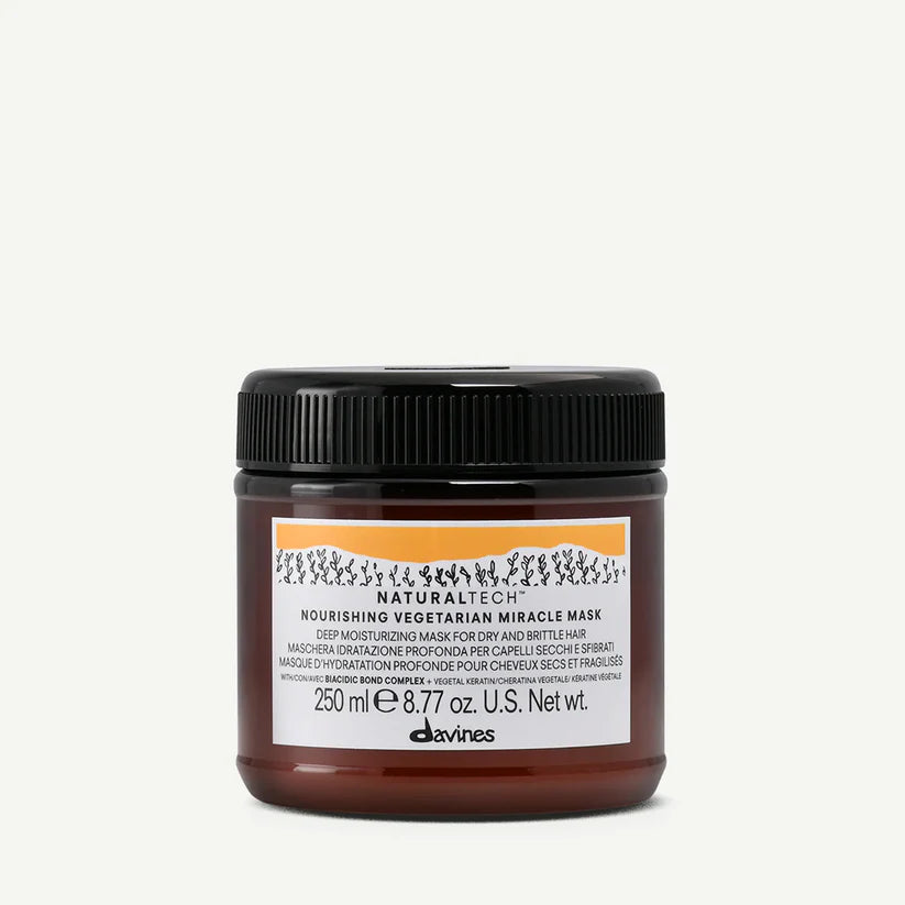 Davines Naturaltech Nourishing Vegetarian Miracle Mask — deep moisturizing treatment for dry or brittle hair, enriched with Biacidic Bond Complex and vegetal keratin to restore hydration, strength, and softness.