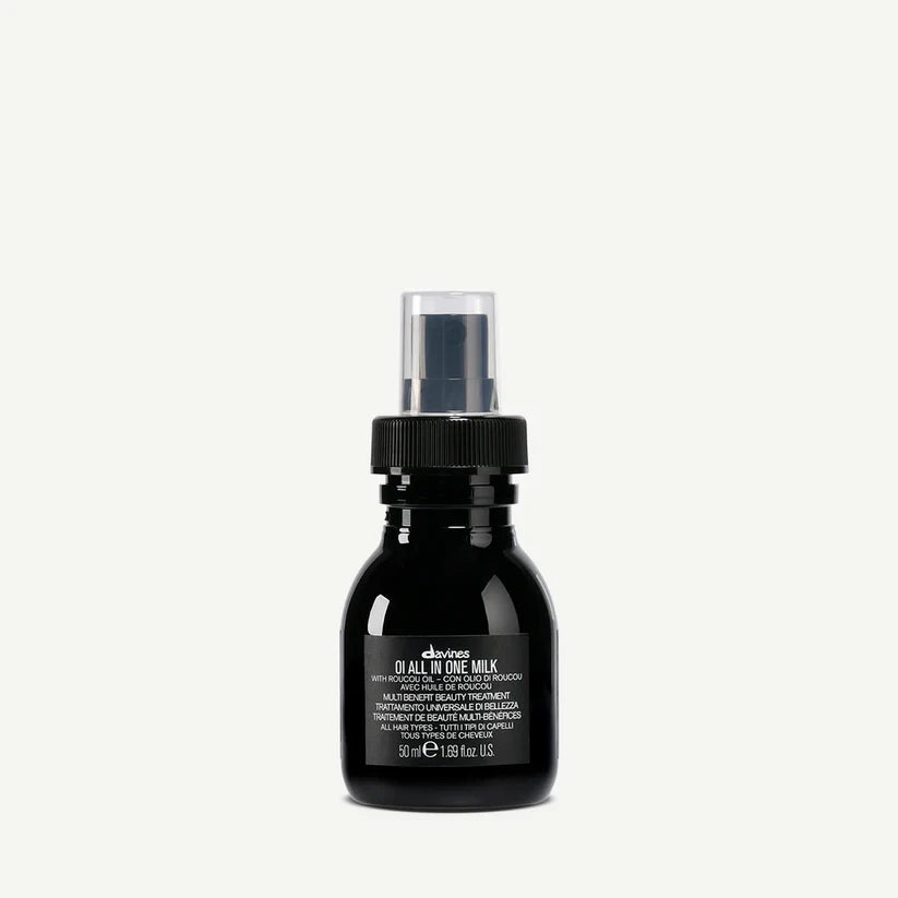 Davines OI All In One Milk 50ml — lightweight leave-in treatment enriched with Roucou oil that hydrates, detangles, and protects hair while adding softness, shine, and manageability for all hair types.