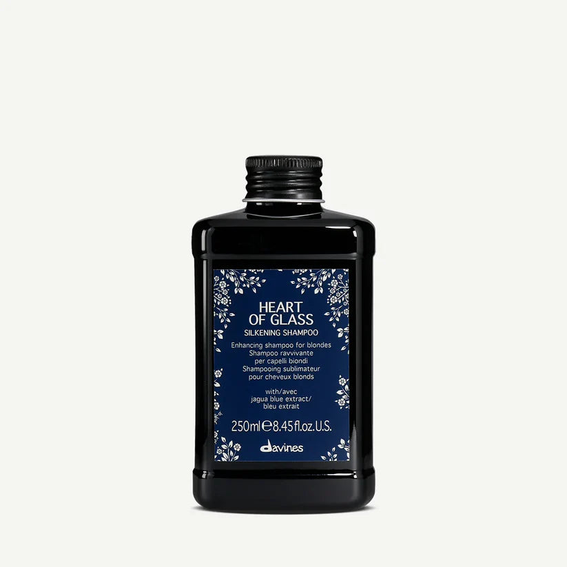 Davines Heart of Glass Silkening Shampoo 250ml — enhancing shampoo for blonde hair, enriched with Jagua blue extract to balance tone, boost shine, and strengthen strands.