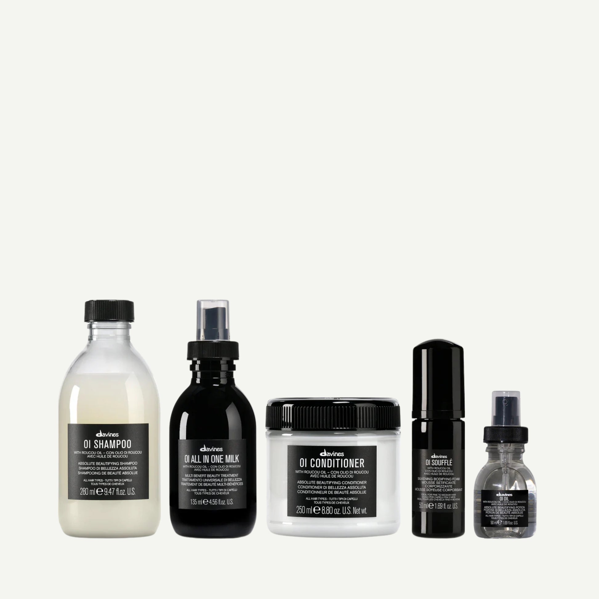 Davines Deep Marine World Kit featuring OI Shampoo, OI Conditioner, OI All In One Milk, OI Soufflé, and OI Oil — a luxurious 5-piece haircare set that nourishes, softens, and adds radiant shine for all hair types.