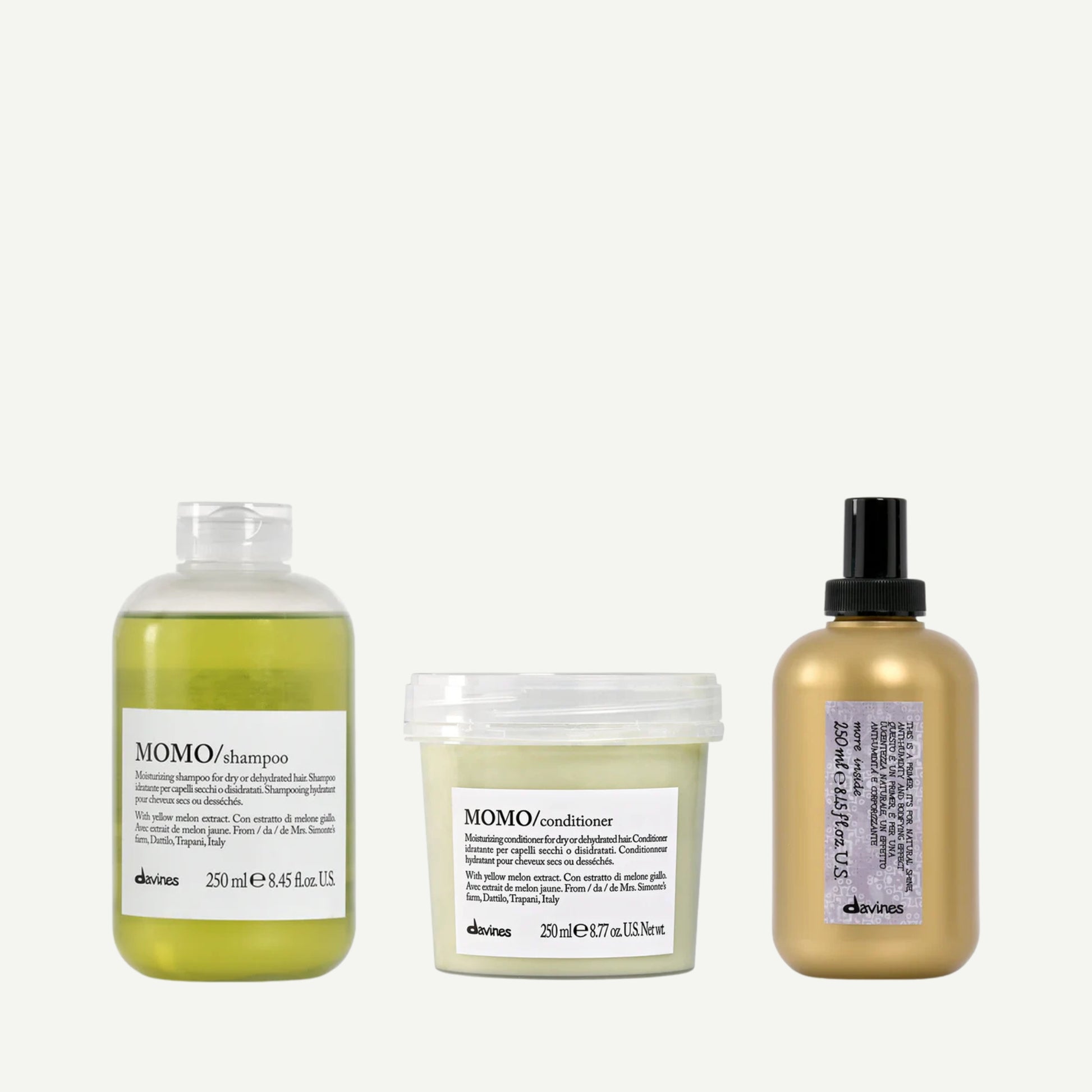 Davines Enchanting Prairie Kit featuring MOMO Shampoo, MOMO Conditioner, and This is a Primer — a hydrating trio designed to moisturize, soften, and add shine to dry or dehydrated hair.