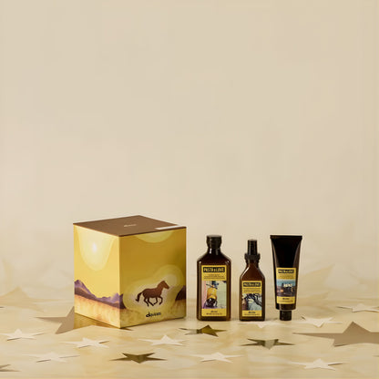 Set of skincare products with a decorative box on a beige background