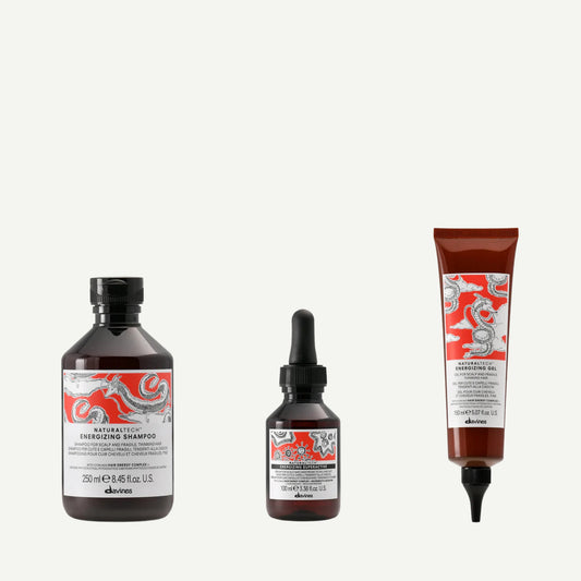 Davines Energizing Box, Davines hair loss treatment, Naturaltech Energizing Shampoo, Energizing Superactive Serum, Energizing Gel, Davines scalp care, anti-hair loss system, hair growth booster, caffeine hair treatment, strengthening hair care, thinning hair solution.