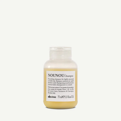 Davines NOUNOU Shampoo 75ml — nourishing travel-size shampoo for dry, brittle, or chemically treated hair, enriched with Fiaschetto tomato extract to restore softness, hydration, and strength.