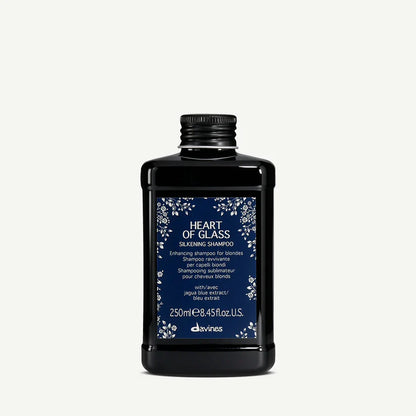 Davines Heart of Glass Silkening Shampoo 250ml — enhancing shampoo for blonde hair, enriched with Jagua blue extract to balance tone, boost shine, and strengthen strands.
