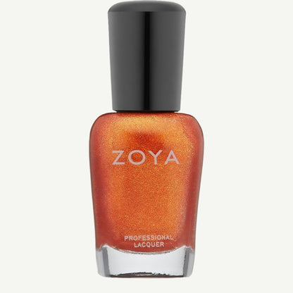 Zoya Nail Polish in shade Amy, a shimmering metallic orange nail lacquer with high pigmentation and a glossy finish.
