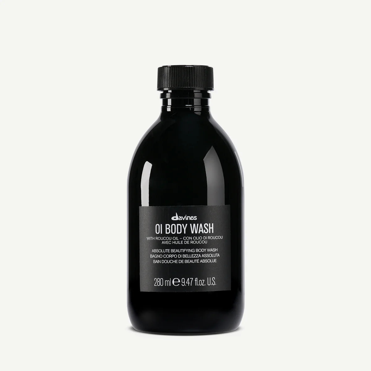 280ml Davines OI Body Wash bottle with Roucou oil, providing soft, hydrated skin with a luxurious scent.