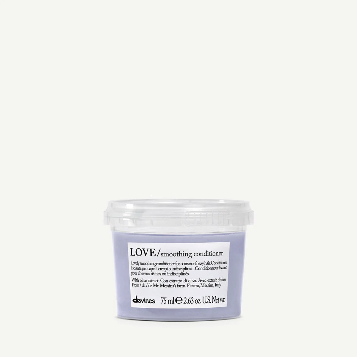 Davines LOVE Smoothing Conditioner 75ml travel-size container. Enriched with Minuta olive extract to deeply nourish, detangle, and reduce frizz for soft, smooth hair.