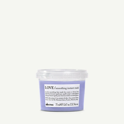 Davines LOVE Smoothing Instant Mask 75ml travel-size container. A fast-acting hair mask with Minuta olive extract that hydrates, controls frizz, and leaves hair smooth and manageable.